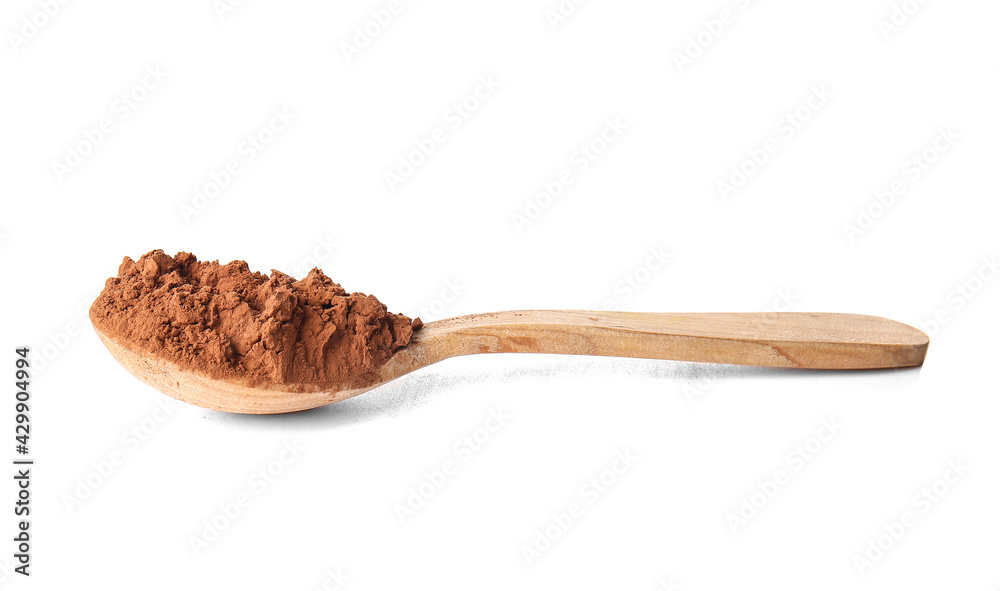 Spoon with cocoa powder on white background