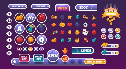 Poster - Gambling UI elements. Slots gameplay cartoon graphic kit with casino icons. Colorful online game interface progress bars and buttons mockup. Panels design or menu headers, vector set