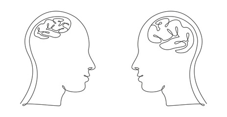 Aufkleber - Two Human heads with big and small brains in one line art style. Continuous drawing illustration. Abstract linear Vector for medicine flyer, banner, brochure, poster