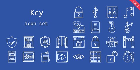 Poster - key icon set. line icon style. key related icons such as safebox, violin, notes, usb, real estate, lockers, padlock, locker, password, security, piano, turntiles, music, lock, fast forward, hotel