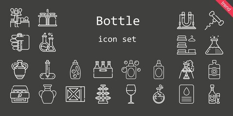 Sticker - bottle icon set. line icon style. bottle related icons such as sun lotion, wine glass, test tube, dumbbell, vase, perfume, detergent, laundry, corkscrew, pipette, milk jar, flask, massage, cabinet