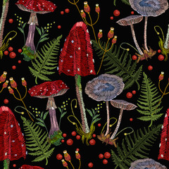 Embroidery mushrooms seamless pattern. Dark autumn forest. Gothic fairy tale art. Fashion nature template for clothes, textiles, t-shirt design