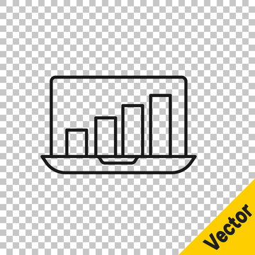 Black line Laptop with graph chart icon isolated on transparent background. Report text file icon. Accounting sign. Audit, analysis, planning. Vector