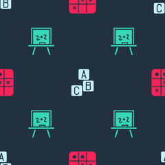 Poster - Set Tic tac toe game, ABC blocks and Chalkboard on seamless pattern. Vector