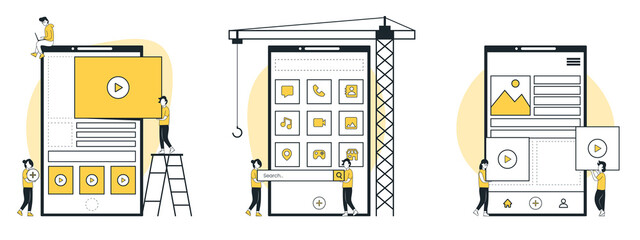 Mobile app development concept vector illustration set. Mobile app, user interface, software architecture.