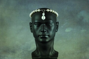 3d Illustration. Black plastic mannequin head with pearl necklace on light mottled background