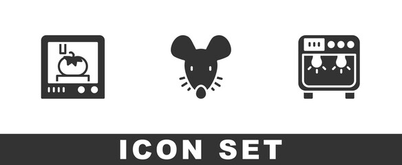 Sticker - Set 3D printing technology, Experimental mouse and Biosafety box icon. Vector