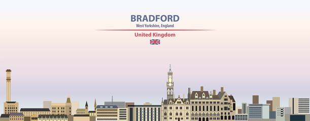 Fototapete - Bradford cityscape on sunset sky background vector illustration with country and city name and with flag of United Kingdom