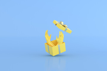 Poster - 3D rendering of hands in yellow gift box on blue background.
