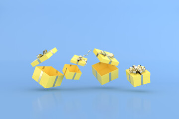 Poster - 3D rendering of floating yellow gift boxes and balloons.