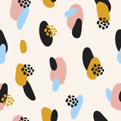 Poster - Abstract seamless pattern with simple colorful hand drawn shapes on pastel background. Trendy vector minimal design with chaotic colored shapes and spots