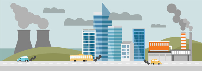 Polluted city landscape. Nuclear plants, factories and pipes with smoke. Environmental, air pollution by factories and cars. Ecological concept. Flat style vector illustration.  Web banner, template.
