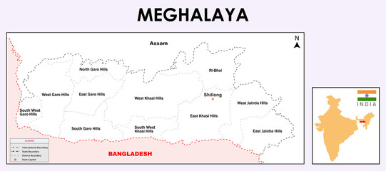 Wall Mural - Meghalaya Map. Meghalaya administrative and political vector map in white colour. Meghalaya map in outline colour.