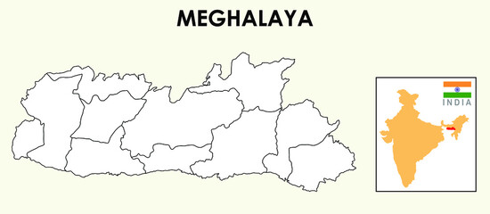 Wall Mural - Meghalaya Map. District map of Meghalaya. Meghalaya in India map in 2020. District map if Meghalaya in outline.