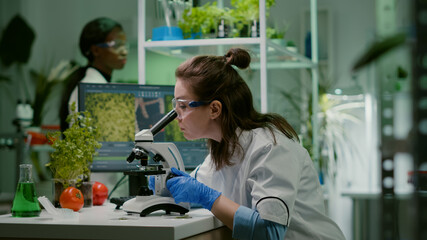 biologist taking leaf sample putting into microscope observing chemical liquid. scientist engineerin