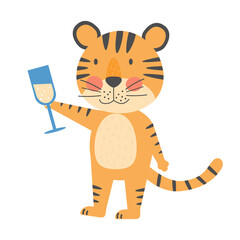 Wall Mural - Smiling tiger with glass champagne, symbol of 2022 year. New year mascot. Cute vetor flat animal character, isolated on white background