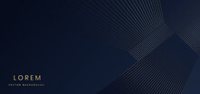 Abstract Stripes Golden Lines Diagonal Overlap On Dark Blue Background With Copy Space For Text. Luxury Style.