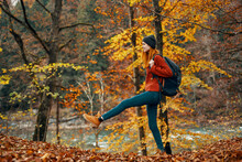 The Traveler Walks In Nature In The Park And Tall Trees Yellow Leaves River In The Background Landscape