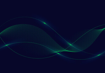 Wall Mural - Abstract green wavy lines with dots particles and lighting on dark blue background.