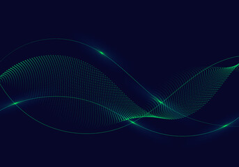 Poster - Abstract green wavy lines with dots particles and lighting on dark blue background.