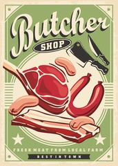 Fresh meat products retro poster for butchery shop. Pork meat, steaks sausages and bacon. Vintage food vector design.