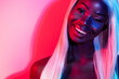 Photo of young happy cheerful smiling stunning afro woman enjoying party isolated on colorful background