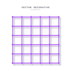 Poster - 3d render primitive. Abstract atom array grid from 3d sphere, tube. Glossy violet geometric shapes isolated on white background. Iridescent trendy design, thin film effect. Vector.
