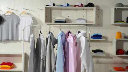 Clothes at custom clothing printing company. Set of blank pastel cotton white, gray, blue and pink sportswear on a rail in the store