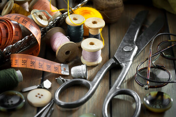 Threads, needles and sewing items.