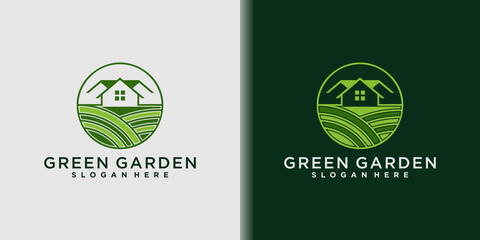 Wall Mural - Green garden house logo with circle line art style Premium Vektor