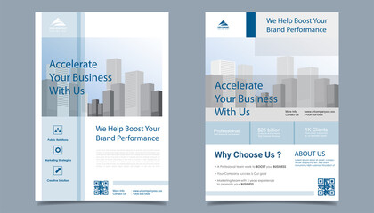Business flyer layout template in A4 size. Modern Brochure template cover design, annual report, poster with blue wavy lines for business promotion on white background, vector illustration 