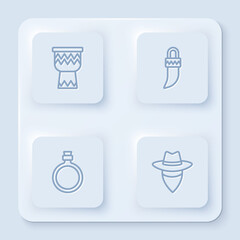 Canvas Print - Set line Drum, Tooth, Canteen water bottle and Cowboy. White square button. Vector