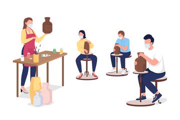 Poster - Pottery workshop students and teacher in face masks flat color vector faceless characters. Craft class during epidemic isolated cartoon illustration for web graphic design and animation