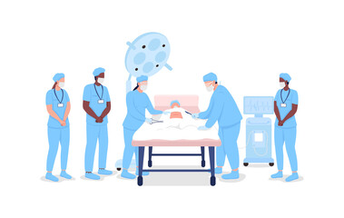 Poster - Medical interns watching professional surgeons at procedure flat color vector faceless characters. Medical training isolated cartoon illustration for web graphic design and animation