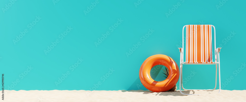 Summer beach concept, chair with ring floating and pineapple on blue background. 3d rendering - obrazy, fototapety, plakaty 