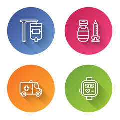 Sticker - Set line IV bag, Syringe, Emergency car and Smart watch. Color circle button. Vector