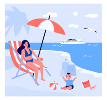 Single Mother Relaxing On Beach With Son. Woman Sitting On Chair, Child Playing With Ball, Sand Castle Flat Vector Illustration. Vacation, Family Concept For Banner, Website Design Or Landing Web Page