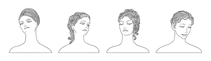 Trendy line art sketch of various antique statues, woman bust. Sculpture heads of different woman, ancient greek style, goddess, mythology, roman symbols. Hand-drawn vector modern illustration.