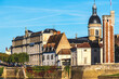 The Quai des Messageries in Chalon sur Saone, City of Art and History with the Tour du Doyenne from the 15th century in the historic center on the Saint-Laurent Island. Bourgogne, France 