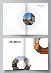 Vector layout of two A4 cover mockups templates for bifold brochure, flyer, magazine, cover design, book design. Background template with rounds, circles for IT, technology. Minimal style.