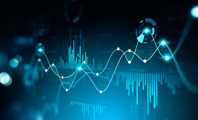 Virtual stock market lines and financial charts over dark background. Digital screen. Concept of finance advisory and international consulting. Huds, numbers and line graphs