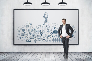 Wall Mural - Handsome confident businessman standing and pondering about new