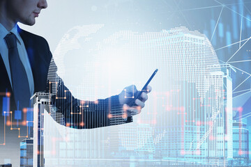 Poster - Office man with phone and graph stock market changes with skyscr