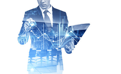 Poster - Office man using clipboard and taking note on virtual screen, st