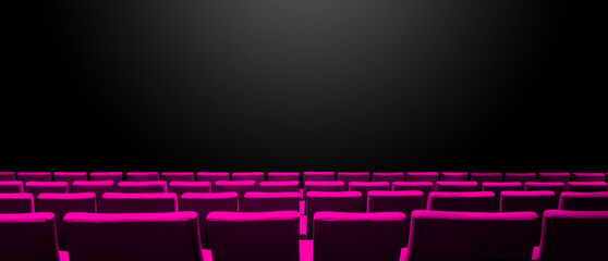 Canvas Print - Cinema movie theatre with pink seats rows and a black background. Horizontal banner