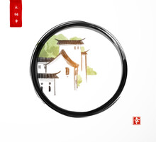 Village With Traditional Chinese Houses In Black Enso Zen Circle On White Background. Traditional Oriental Ink Painting Sumi-e, U-sin, Go-hua. Hieroglyphs - Eternity, Freedom, Happiness.