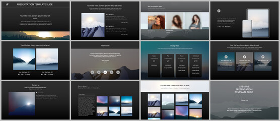 Wall Mural - Vector templates for website design, presentations, portfolio, presentation slides, brochure cover, report. Fog, sunrise in morning and sunset in evening. Nature landscape backgrounds with mountains.