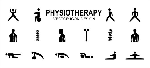 Simple Set of physiotherapy and chiropractic Related Vector icon user interface graphic design. Contains such Icons as stretching, walking, backbone, hammer, lordosis, scoliosis, push up, sit up