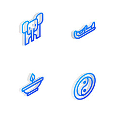 Sticker - Set Isometric line Indian shoes, Elephant, Aroma lamp and Yin Yang icon. Vector