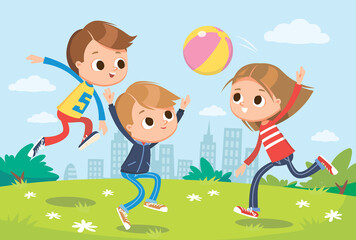 Vector set, group of small children, kids, friends mates with big eyes jumping playing volley ball together raising hands up, have a good time, having fun on the green lawn with blue sky and cityscape